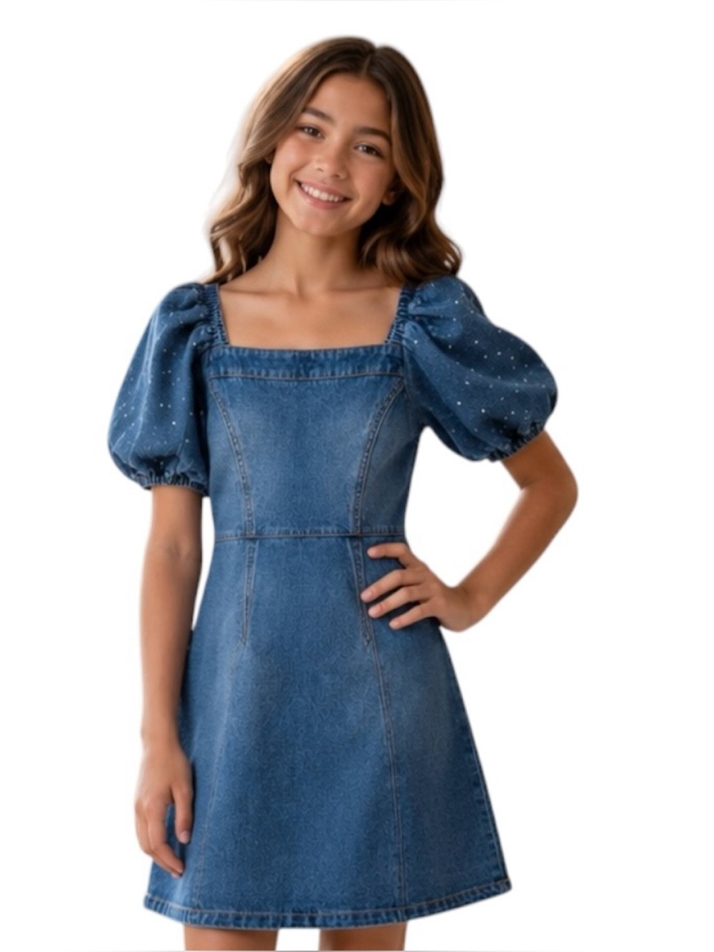 TRUCE x Nordstrom Rhinestone Puff Sleeve Denim Dress Girls XL 16 Light Wash